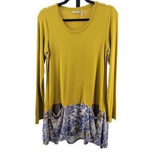 Logo Floral Hem Pockets Tunic Yellow Printed Trim Scoop Neck Work